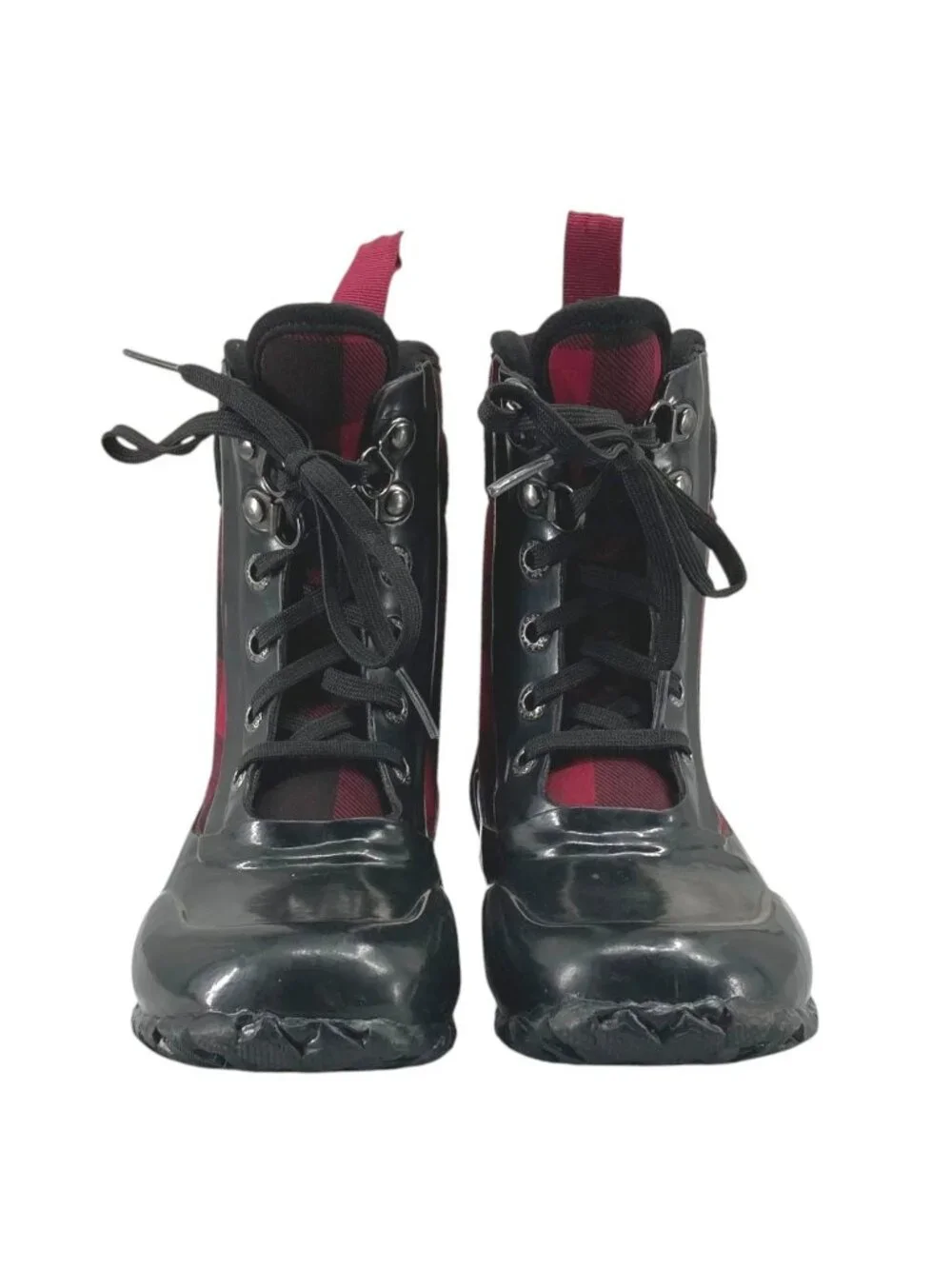 Bogs Sidney Kids Buffalo Plaid Waterproof Boots 10 Rain Rubber Black Red Lace Up